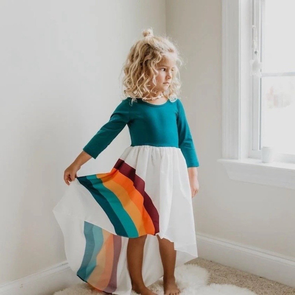 Oopsie Daisy Girl's Teal‎ Hi Lo Rainbow Dress Size 12 NWT